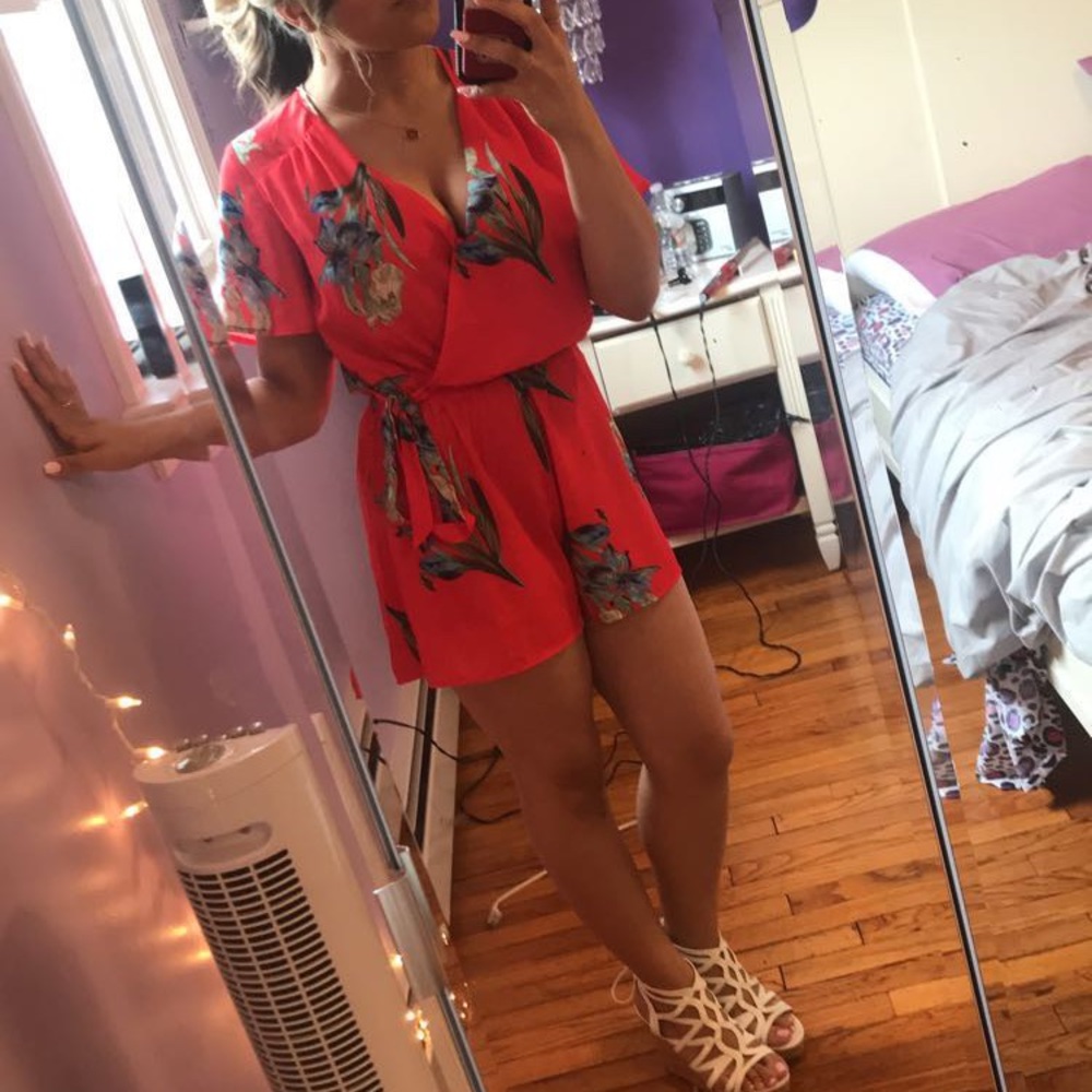 Red Floral Short-Sleeved Romper
